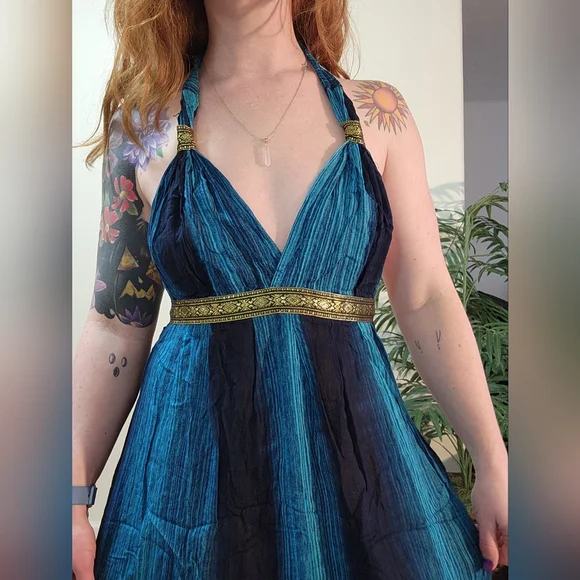 Blue Stripe Goddess Gold Detail Flowy Vacation Halter Maxi Dress Size Med - Picture 2 of 4